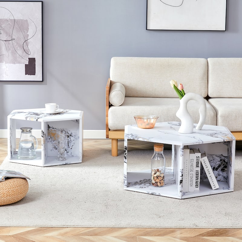 Roomfitters Set of 2 Hexagonal MDF Coffee Tables with Black Pattern Finish, Modern Storage Design for Living Room