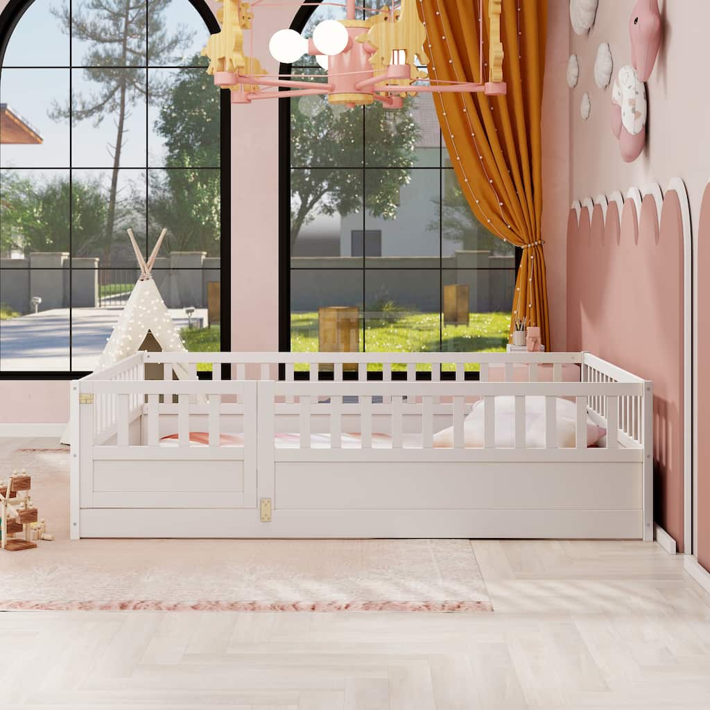 Full Size Pine Wood Floor Bed, Integral Construction with Super High Security Barrier, Door, Children's Floor Bed Frame