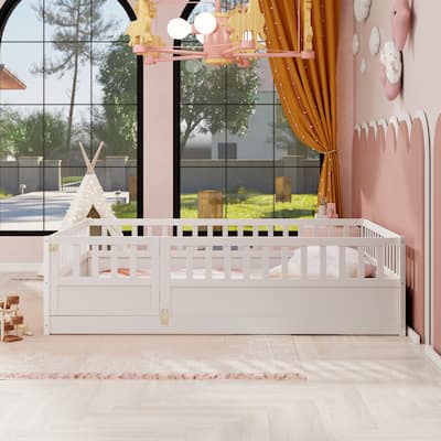 White Full Size Pine Wood Floor Bed, Integral Construction with Super High Security Barrier, Door, Children's Floor Bed Frame