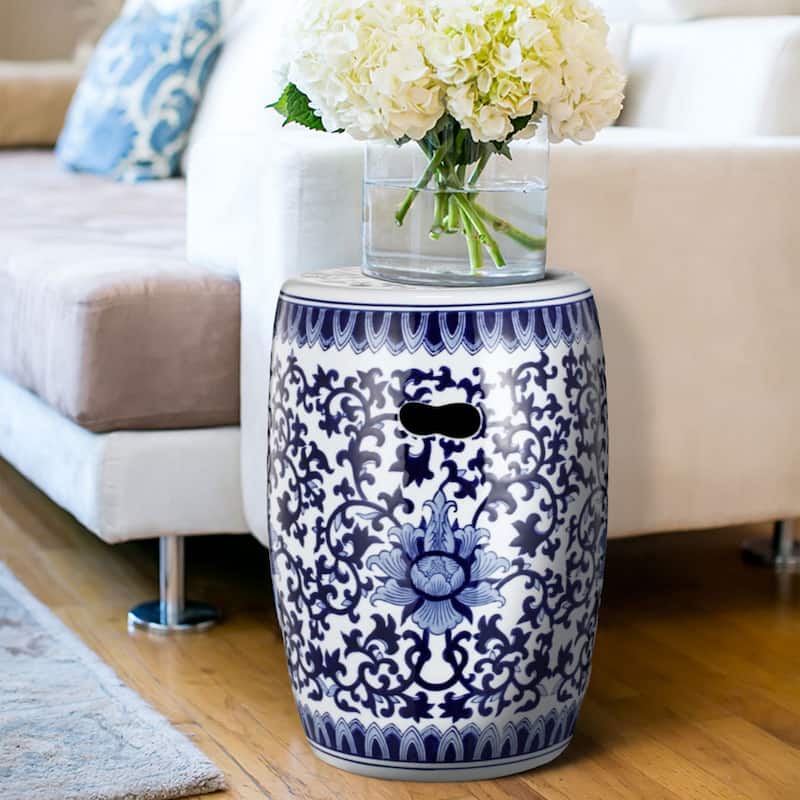 11 Inch Garden Stool, Ceramic Drum Shape, Blue, White Floral Pattern
