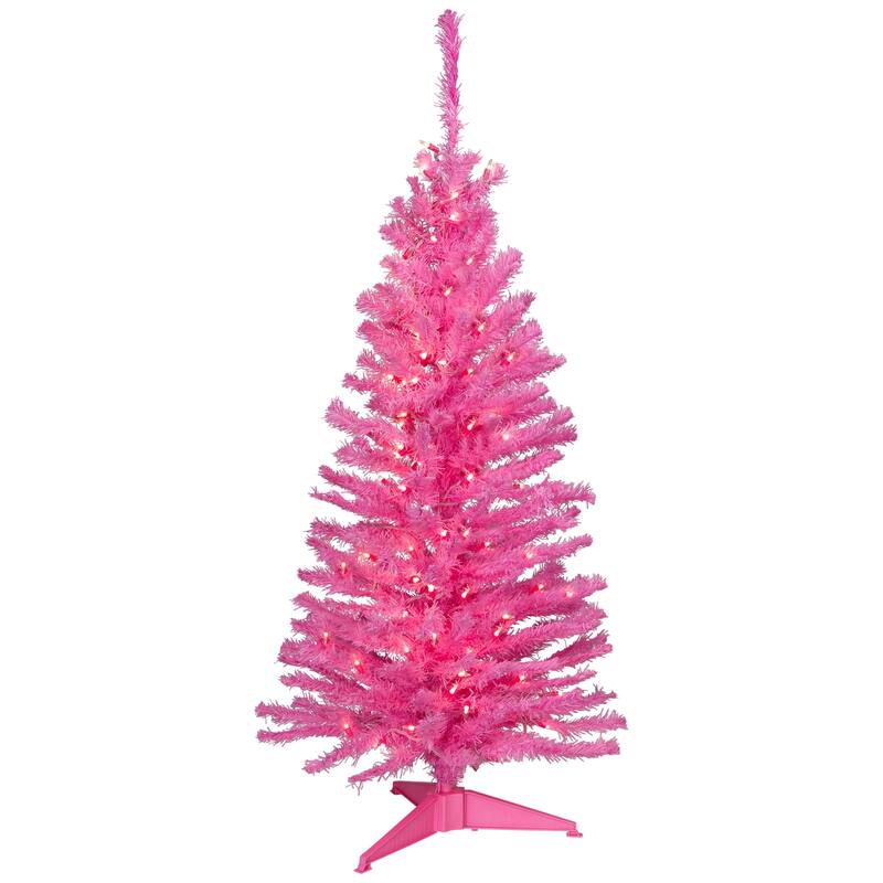 Pre-Lit Medium Artificial Pine Christmas Tree - 4' - Pink - Clear Lights - 4 Foot