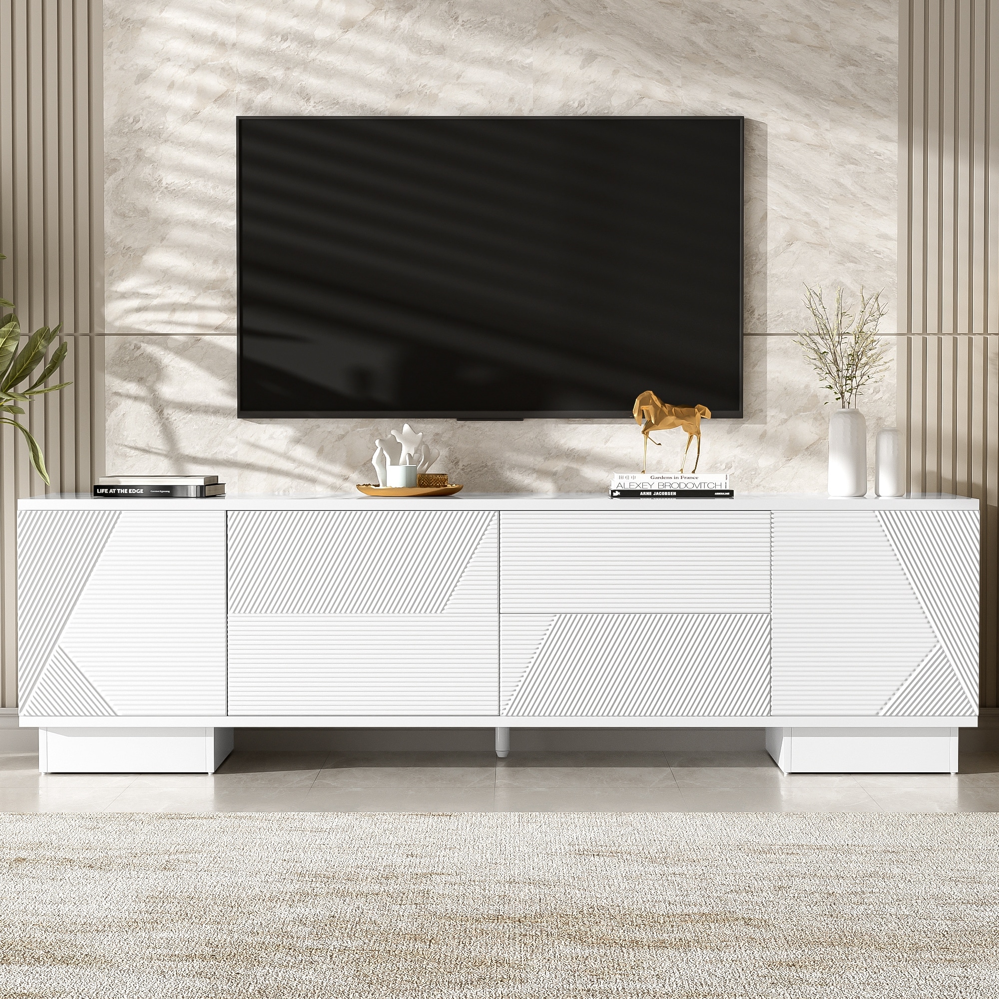 70.8" TV Stand for TVs up to 75 Inches, Minimalist Media TV Console Table with Storage Cabinets, 4 Drawers and a Center Leg