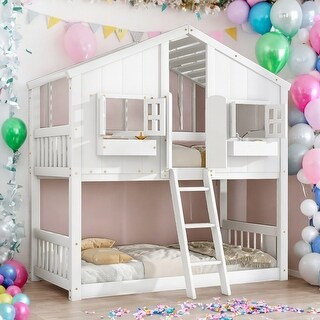 Modern Twin over Twin Bunk Bed With Roof ,Window,Window Box,Door,Guardrails And Ladder for Bedroom