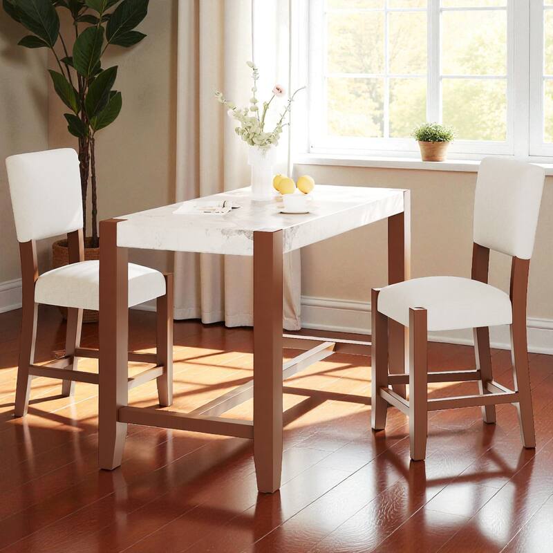 3-Piece Counter Height Dining Table Set, Faux Marble Table with 2 Upholstered Chairs, Modern Bar Table Set for Kitchen - Beige Brown