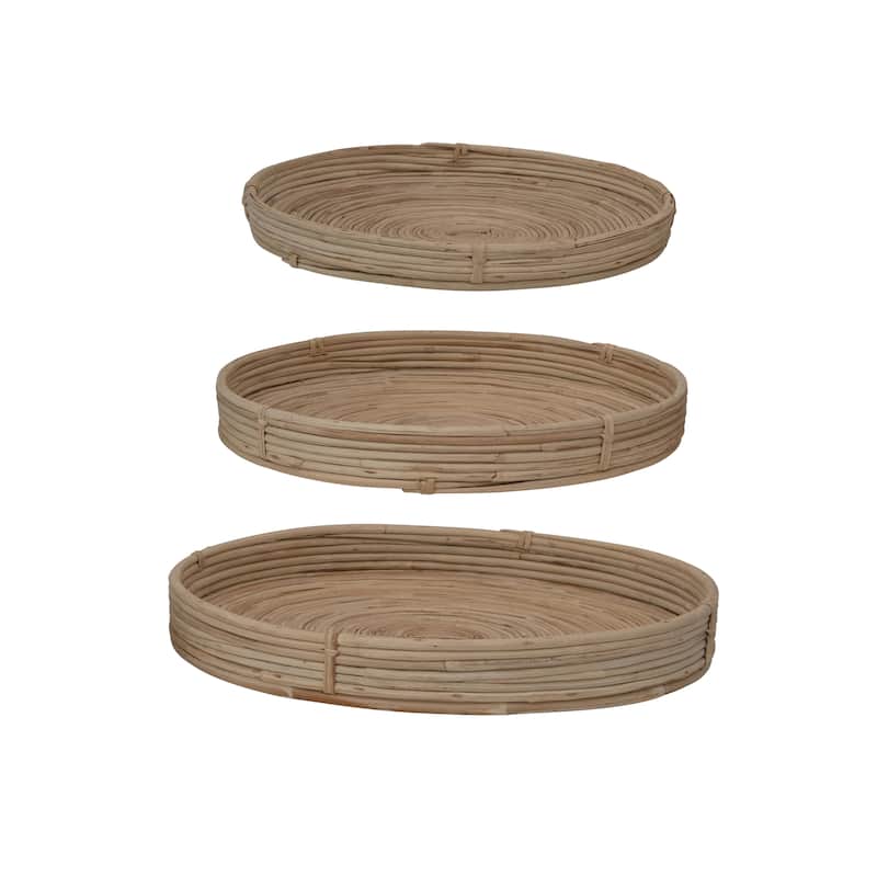 Natural Hand-Woven Cane Trays, Set of 3