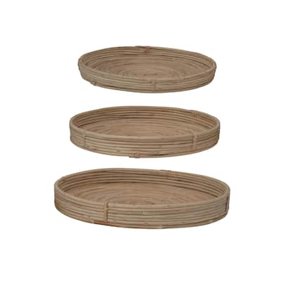 Natural Hand-Woven Cane Trays, Set of 3