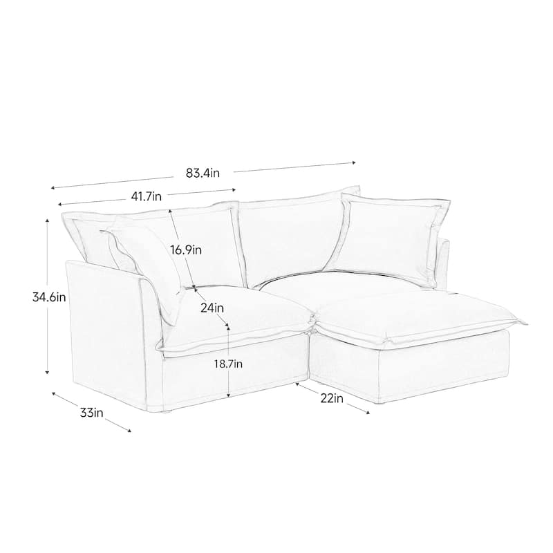 Chenille 2-Seater Sectional Sofa Set with Ottoman, 83.4" Flared Arm Loveseat Couch with Removable Covers for Living Room