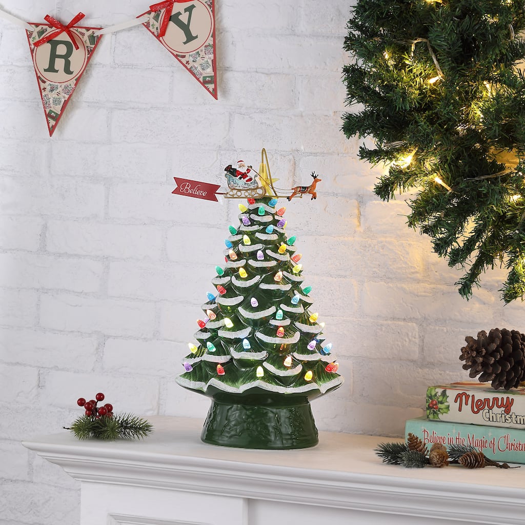 90th Anniversary Collection - 16" Lit Ceramic Tree with Animated Santa's Sleigh, Green
