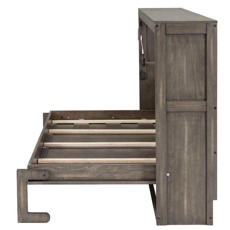 Space-Saving Twin Murphy Bed with LED Light, Foldable Wall Cabinet Design in Brown