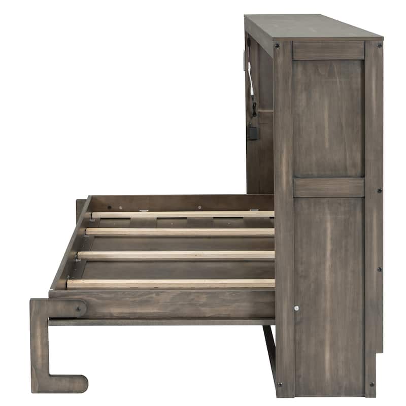 Twin Size Wall Murphy Bed Chest with LED Lights, Wood Hideaway Wall Bed Cabinet, Foldable into a Cabinet