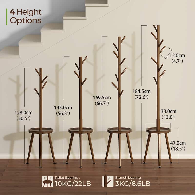Coat Rack, Wooden Coat Rack Freestanding with Shelf, Coat Tree with 4 Height Options 50.5"-72.6"Hanger Stand