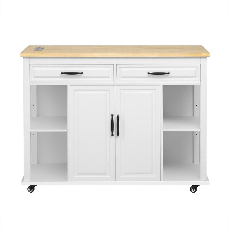 Kitchen Island with Extendable Dining Table,Rubber Wood Veneer Kitchen Table with Internal Storage Rack,Power Outlet - N/A