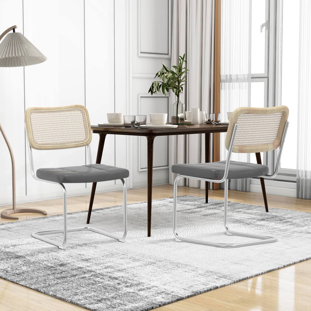 Mid Century Modern Dining Chairs Set of 2,Rattan Kitchen Chairs with Cane Back and Upholstered