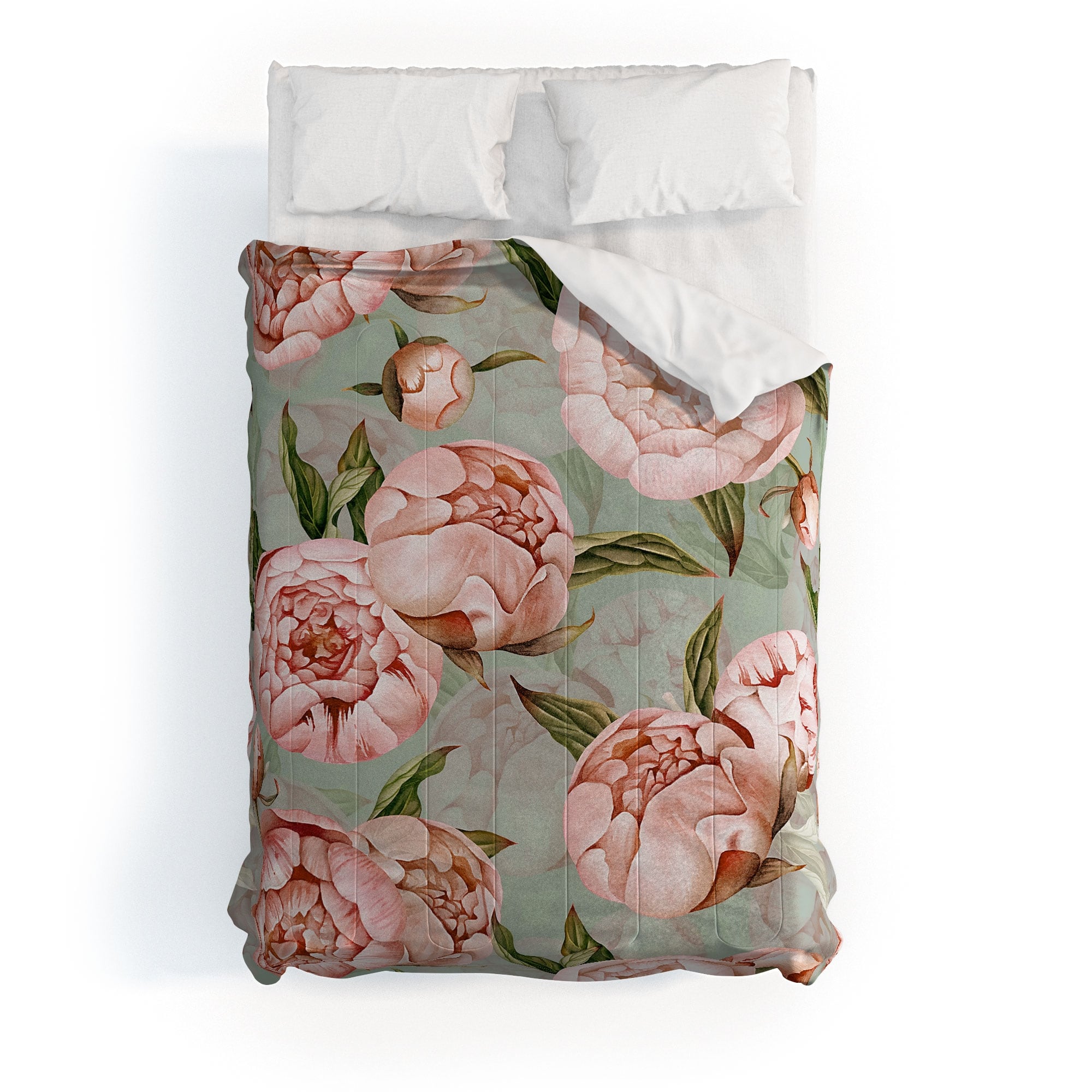 Utart Peach Peonies Watercolor Pattern On Teal Sepia Made To Order Full ...