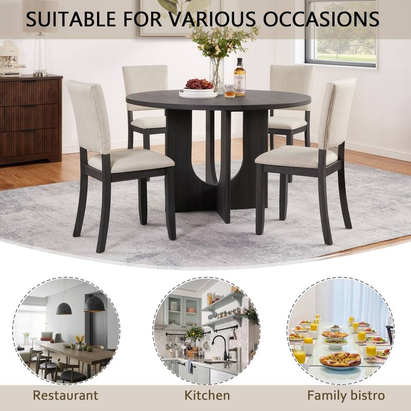 Modern Round Dining Table Set with 4 Upholstered Chairs, for Living Room, Kitchen Dining Room, 5-Piece Set