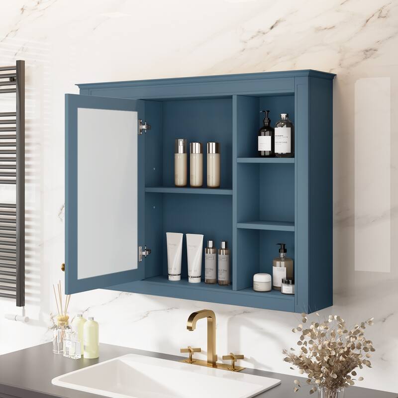 GDFStudio - Riggs Modern Wall-Mounted Bathroom Storage Cabinet with Mirror and Open Shelves (Not Include Bathroom Vanity)