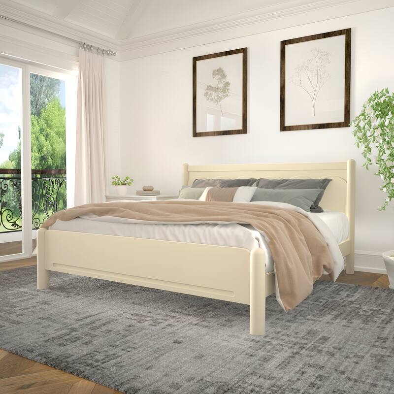 King Size Solid Wood Platform Bed with Headboard, 10 Wooden Slats Support, No Box Spring Needed, Beige Finish