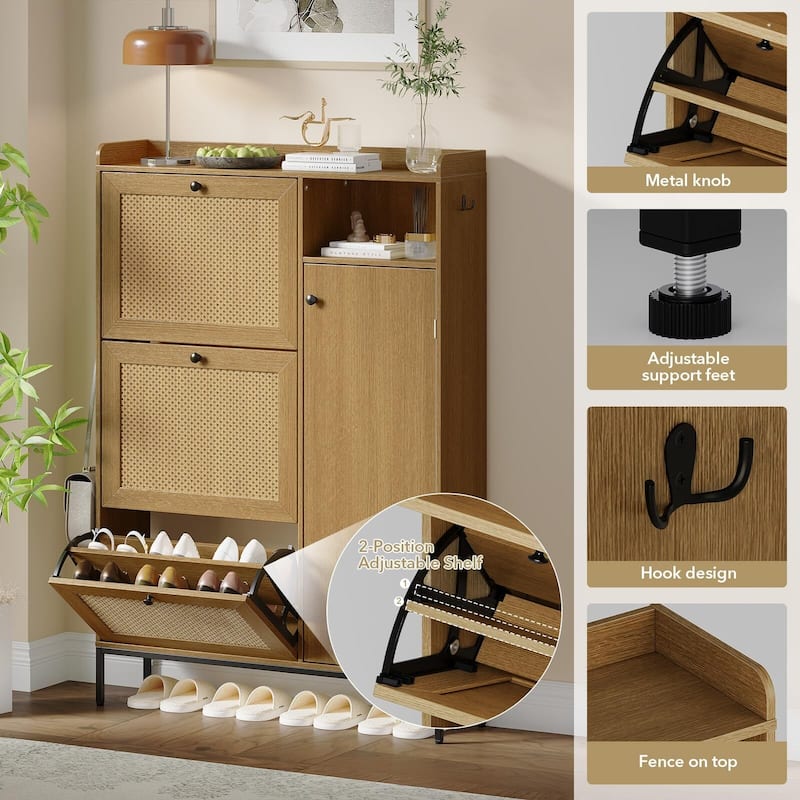 3-Tier Shoe Storage Cabinet with Rattan Doors and Adjustable Compartments
