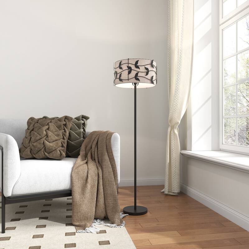 Acroma Black/Gold Leaf-Accent Fabric Shade Floor Lamp