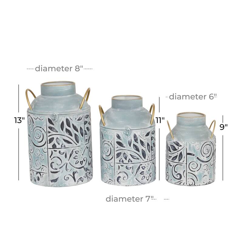 Metal Floral Embossed Vase with Gold Handles - Set of 3 Blue - Roche River Decor - 7"W x 6"L x 8"H
