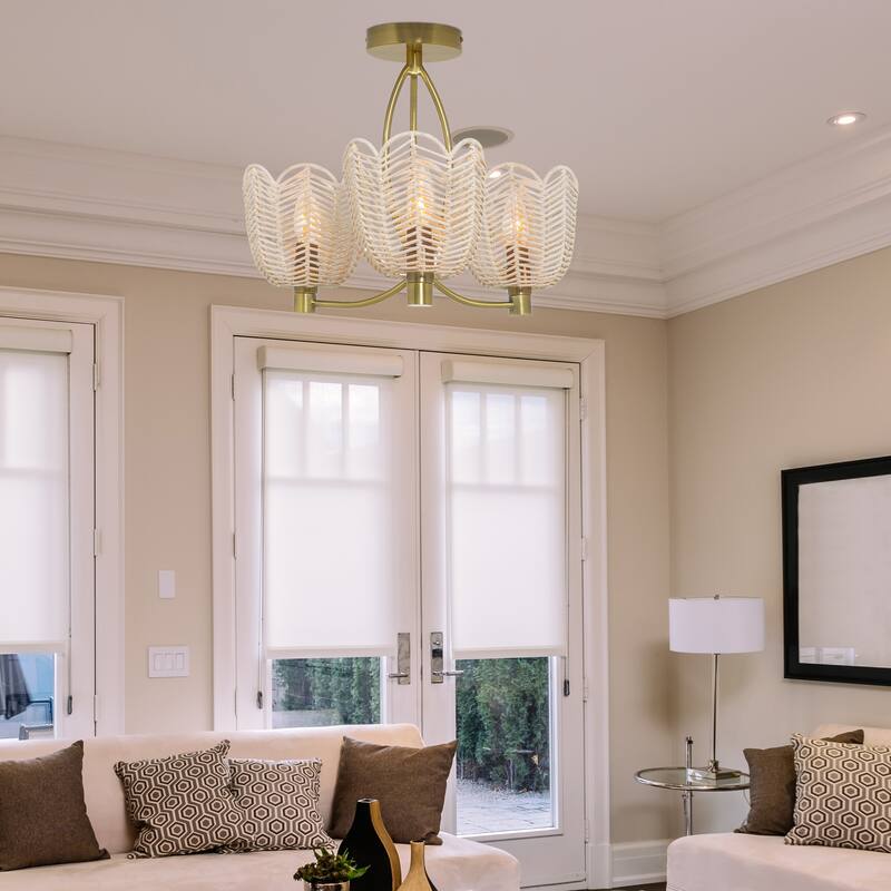 Echo River of Goods Gold and White Rattan and Metal Trio-Shade 18.5-Inch Ceiling Light - 18.5" x 18.5" x 13.625"