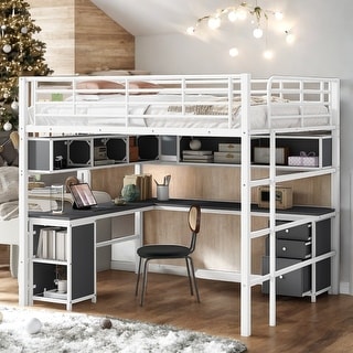 Elegant Metal Full Loft Bed with Bookcase, Desk and Cabinet, White