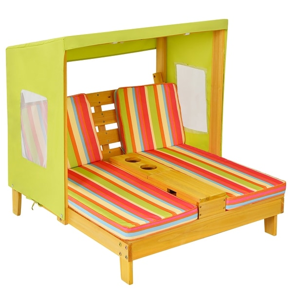 Kids Chaise Lounge Double Seat Patio Chair with Canopy and Cup