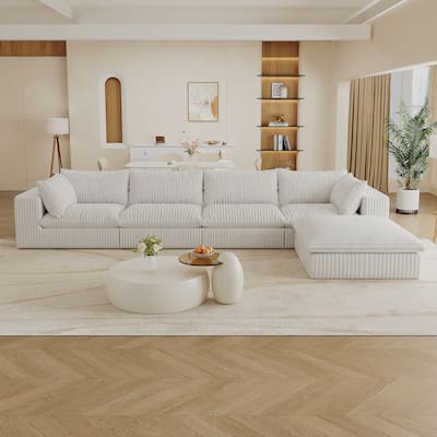 157.6" Corduroy Fabric Cloud Sofa, White, Deep Seat, Double-layer, Removable Cushion, DIY Combination