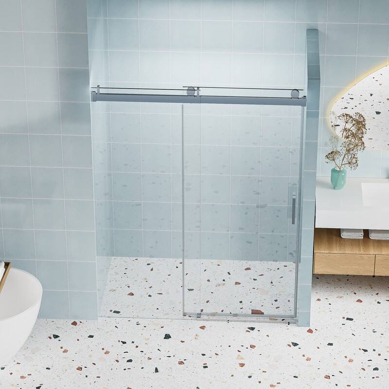 ABRUZZO 56-60" W x 76" H Frameless Soft-Closing Single Sliding Shower Door 1/4" (6mm) Explosion-Proof Tempered Glass