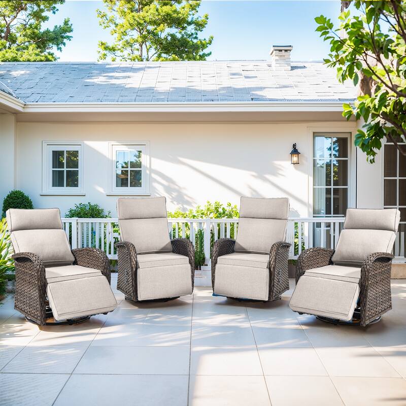 Pocassy Lounge Chair Swivel Reclining Chair with Adjustable Backrest - Beige Cushion - Browm Wicker - 4-Piece Recliner Swivel Chair