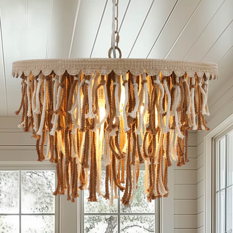 5-Light Boho Tassel Chandelier for Dining Room with Brown Finish
