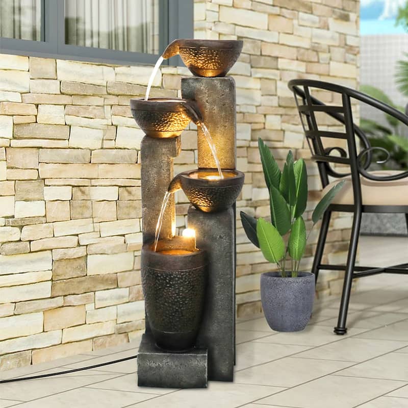 40'' H Outdoor Water Fountain with Lights, 4-Tier Resin Fountain