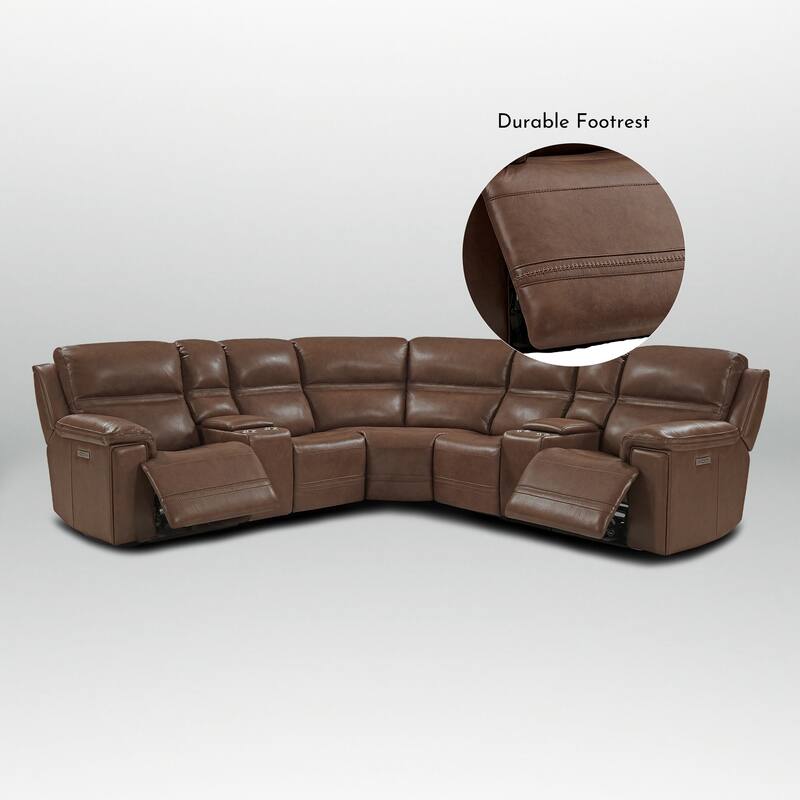 7PCS, 2 power Recliners, Dual-Power Genuine Leather Reclining Sectional with Console, Zero Gravity
