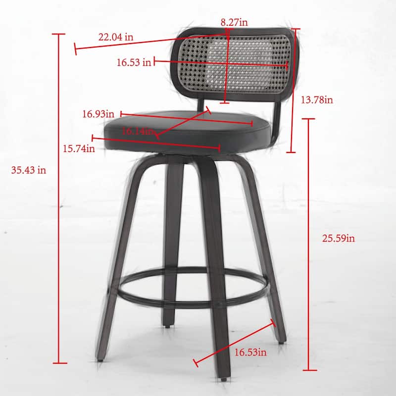 360° Swivel Upholstered Bar Stools Set of 2, 26"H Rattan Counter Height Stools with Cane Back & Wood Frame for Kitchen Island