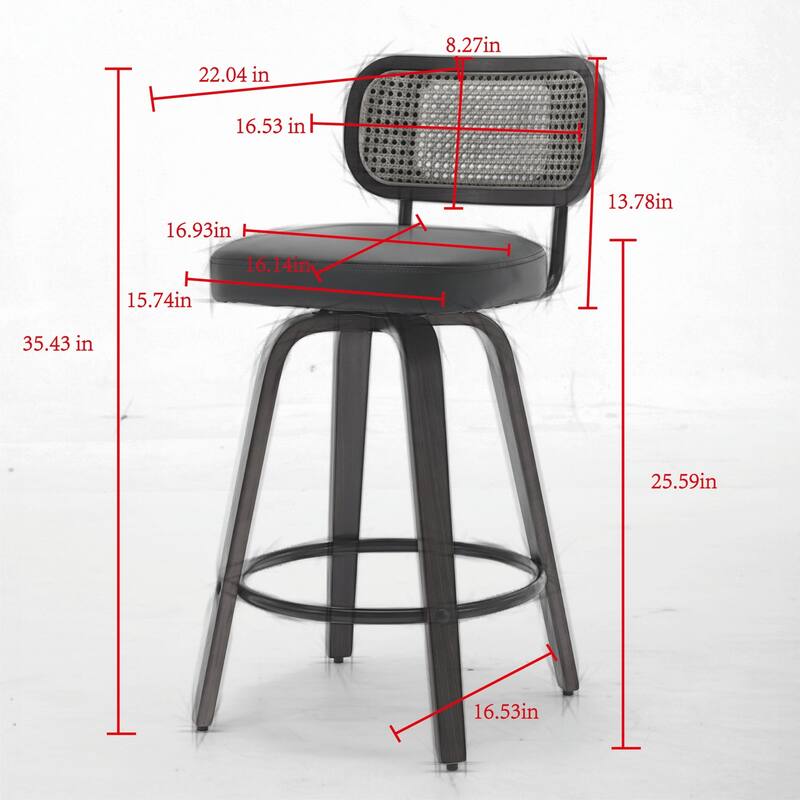 Set of 2 Counter Height Bar Stools, Swivel Counter Stools with Walnut Frame, Rattan Weave Back and PU Leather Padded Seat