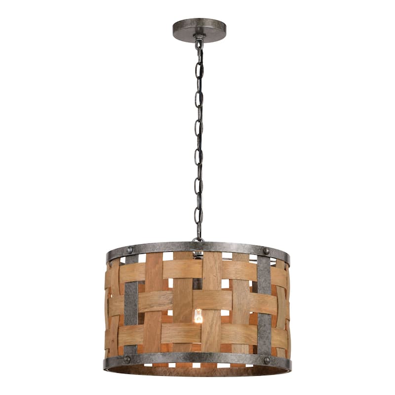 Norwood 1L Gray Industrial Woven Wood Drum Pendant Hanging Ceiling Light - 16-in W x 11-in H x 16-in D