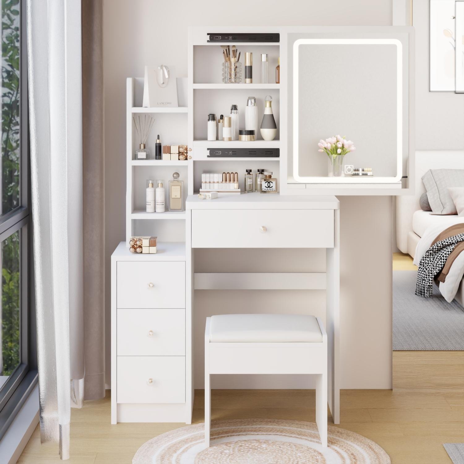 Left Bedside Cabinet Makeup Vanity Table Set with Stool and LED Mirror Black