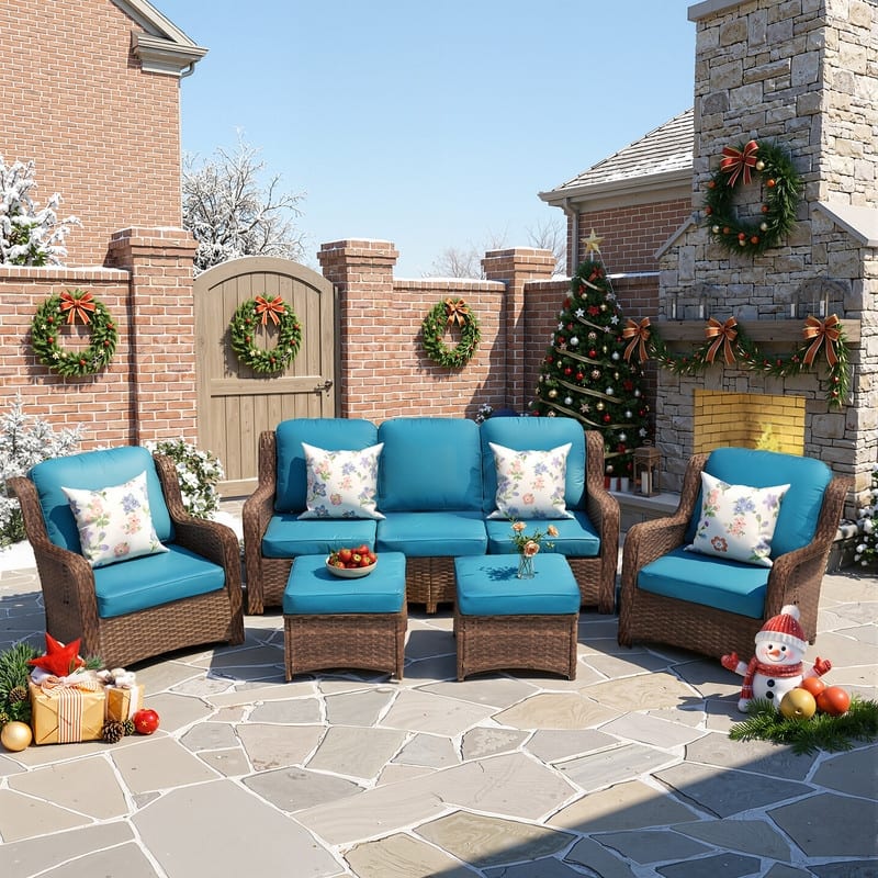 5-piece Patio Furniture High Back Conversation Set with Peacock Blue Cushions