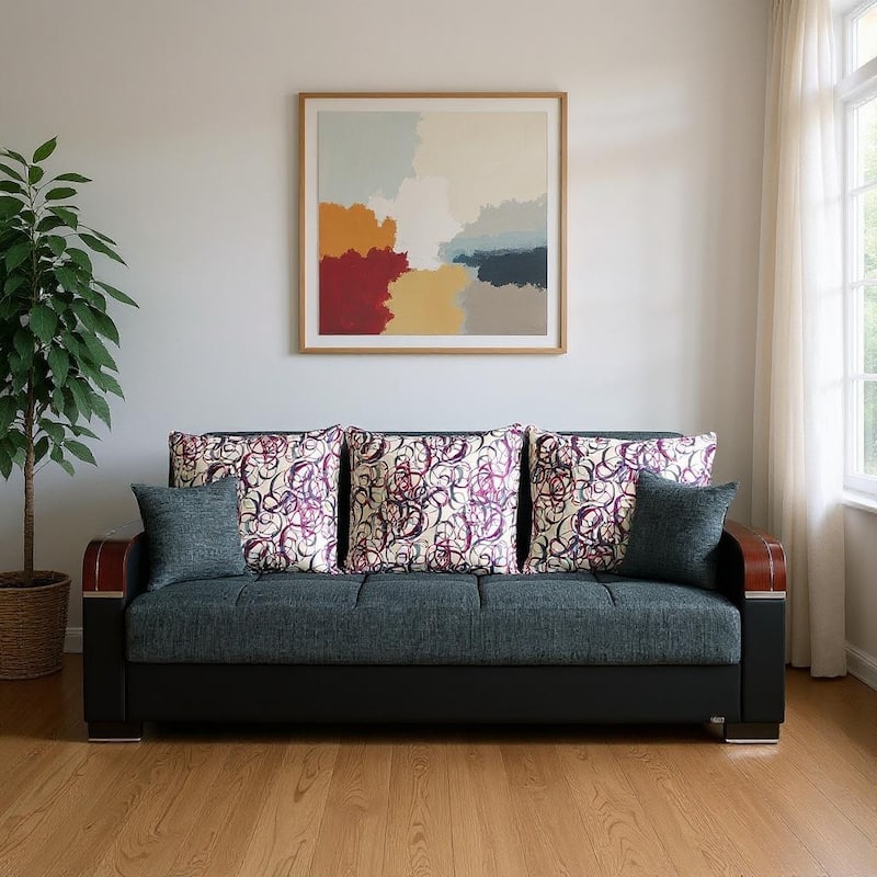 HomeRoots 87" Gray Polyester Convertible Futon Sleeper Sofa And Toss Pillows With Storage - Gray