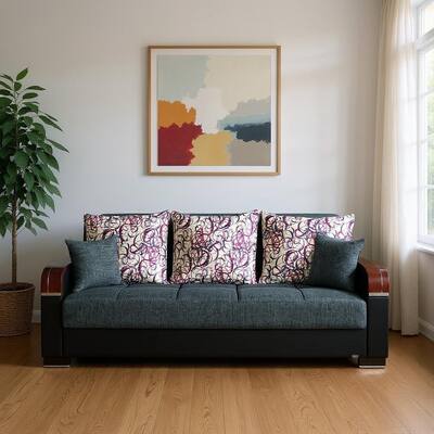 HomeRoots 87" Gray Polyester Convertible Futon Sleeper Sofa And Toss Pillows With Storage