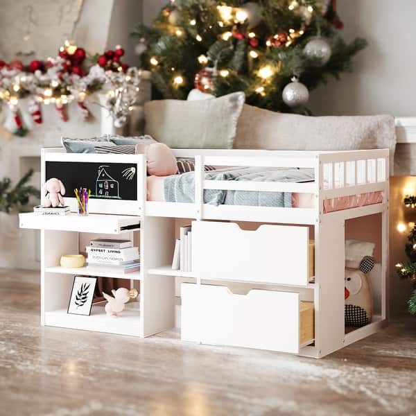 slide 2 of 51, Twin Size Low Loft Bed with Rolling Desk, Shelf and Drawers, White White
