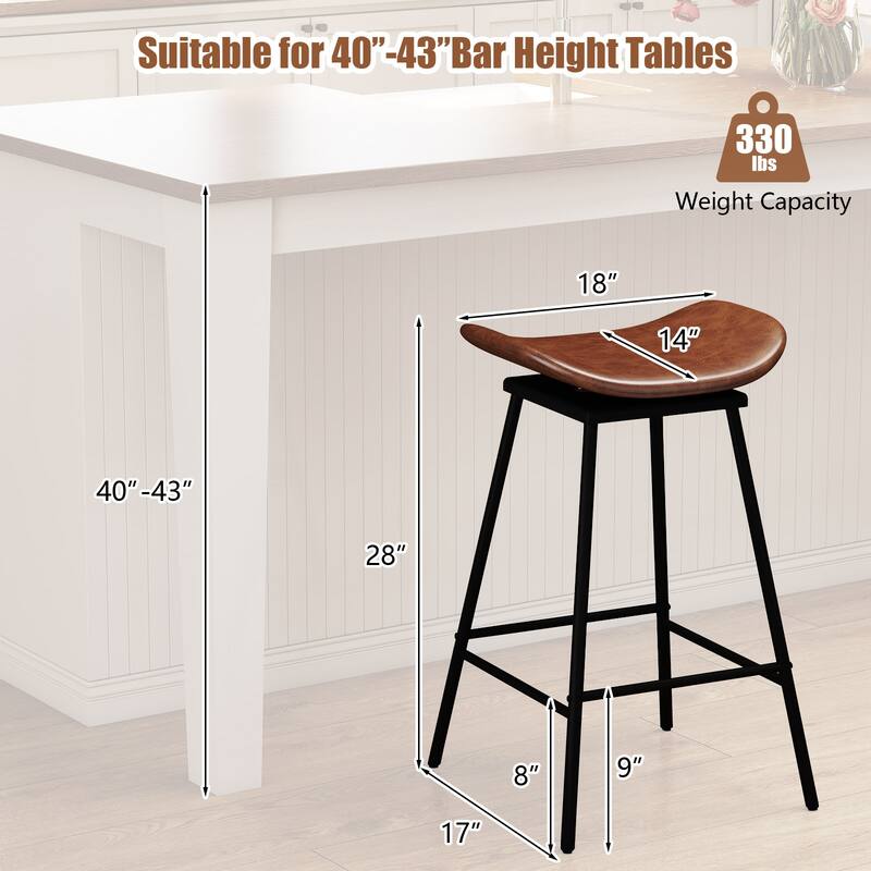 Backless Swivel Bar Stools with Saddle Faux Leather Seat 28 Inch Metal Frame Counter Height Chairs - 17" x 18" x 28" (L x W x H)