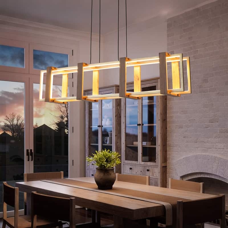 40 in. LED Rectangular Wood Chandelier Modern Pendant Light Fixture Dimmable Kitchen Chandeliers for Dinning Room