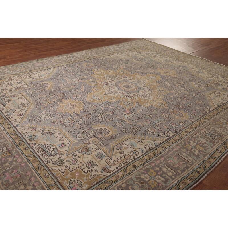 Gray Tabriz Persian Vintage Rug Hand-Knotted Medallion Wool Carpet - 9'8"x 12'9"