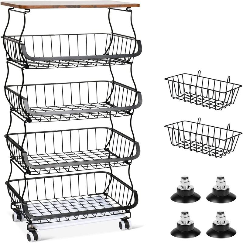 5/6-Tier Stackable Fruit Basket, Rolling Metal Cart with Wheels
