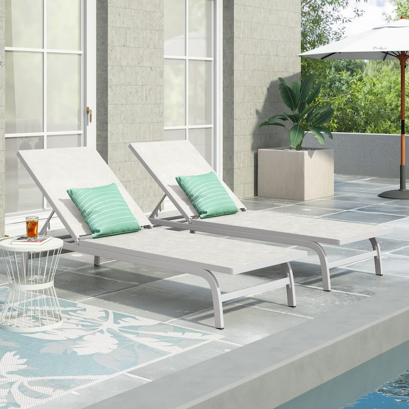2-Piece Outdoor Aluminum Chaise Lounge Chair Set, Mesh Recliners Adjustable Lounger for Poolside Garden Backyard