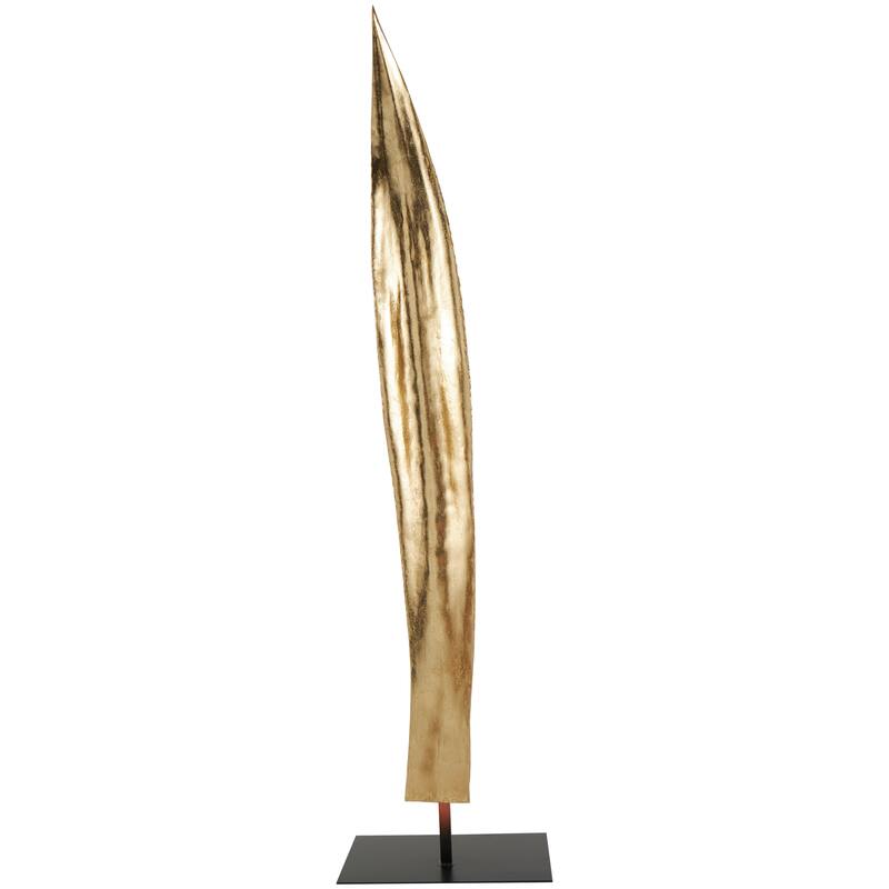 Gold Polystone Slim Abstract Leaf Sculpture with Black Metal Stand