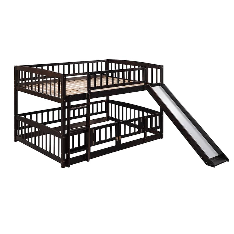 Espresso Pine Wood Bunk Bed with Convertible Slide, Ladder, and Fence Door