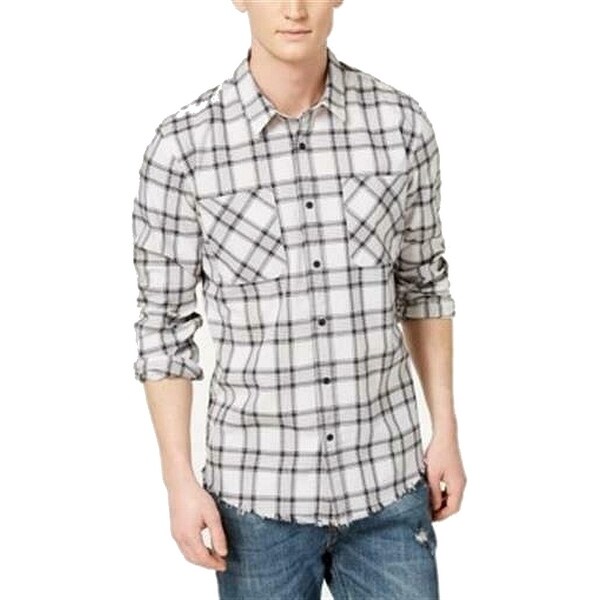 American Rag Mens Plaid Print Button Down Shirt Grays