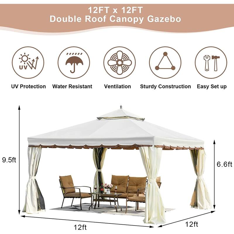 EROMMY Outdoor Canopy Gazebo Double Roof Patio Gazebo with Soft Top, includes Curtains